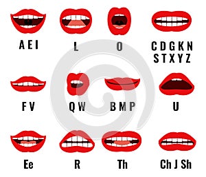 Cartoon character mouth and lips sync for sound pronunciation. Vector set animation frames