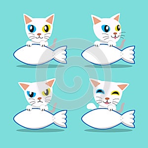 Cartoon character Odd-eyed cat with big fish sign