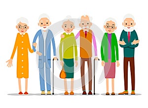 Cartoon character old group. Older people are standing together and smiling. Retired elderly senior age couple. Happy aged friends