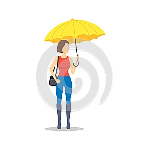 Cartoon Character Old Person Holding Yellow Umbrella. Vector