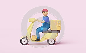 Cartoon character online delivery or online order tracking concept ,Fast package shipping with scooter and goods box isolated on