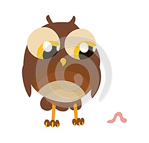 Cartoon character owl with worm, card, vector illustration.