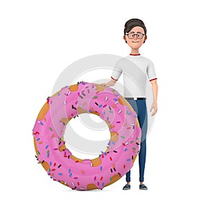 Cartoon Character Person Man with Big Strawberry Pink Glazed Donut. 3d Rendering