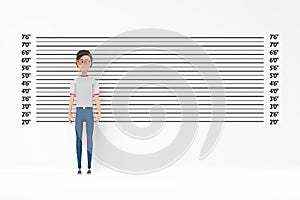 Cartoon Character Person Man in front of Police Lineup or Mugshot Background. 3d Rendering