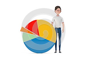 Cartoon Character Person Man with Info Graphics Business Pie Chart. 3d Rendering