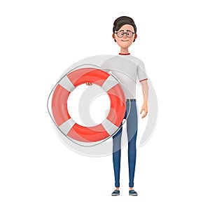 Cartoon Character Person Man with Life Buoy. 3d Rendering