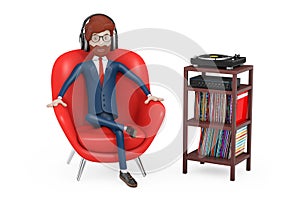 Cartoon Character Person Sits in Red Leather Relax Chair and Listens Music in Headphones near Turntable Vinyl Player, Stereo