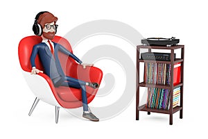 Cartoon Character Person Sits in Red Leather Relax Chair and Listens Music in Headphones near Turntable Vinyl Player, Stereo