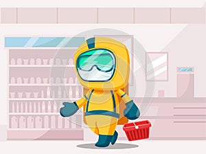 Cartoon character Personal safety equipment body protection. Went out to the supermarket and shopping. Vector illustration