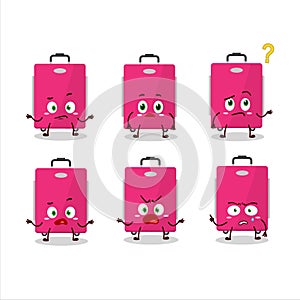 Cartoon character of pink lugage with what expression