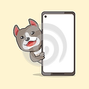 Cartoon character pitbull dog and smartphone