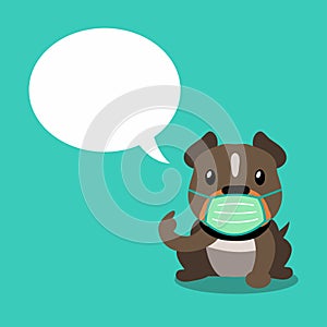Cartoon character pitbull terrier dog wearing protective face mask with speech bubble