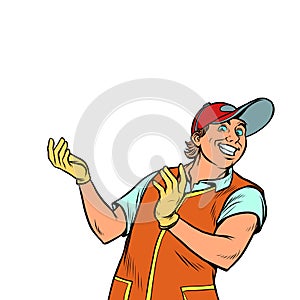 Cartoon character pizza delivery guy. Cartoon people vector illustration. Express food delivery service. Delivery man