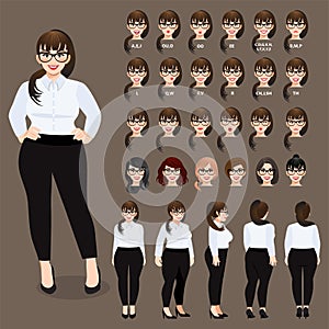 Cartoon character with plus size business woman for animation. Front, side, back, 3-4 view character vector