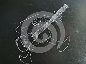a cartoon character plying guitar with heart concept on chalkboard black background