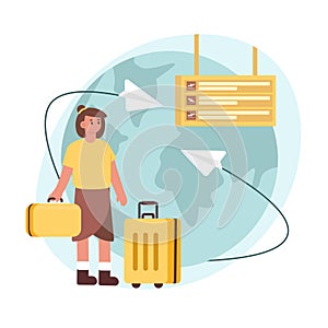 Cartoon character of pretty woman with luggage preparing for traveling abroad