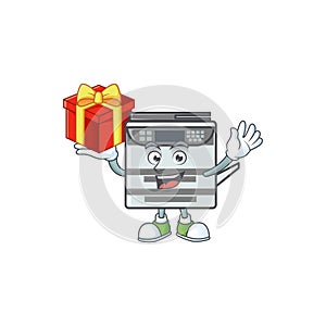 Cartoon character of professional office copier with a box of gift