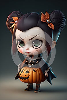 a cartoon character with a pumpkin in her hand and a black cape on her head, standing in front of a dark background, with a black