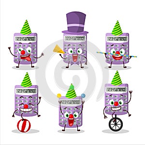 Cartoon character of purple calculator with various circus shows