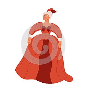 Cartoon character queen woman in 18th century dress costume. Noblewoman in retro fashion outfit