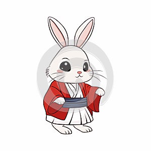 Cartoon character rabbit in red haori. Cute rabbit in a kimano on a white background. Vector illustration