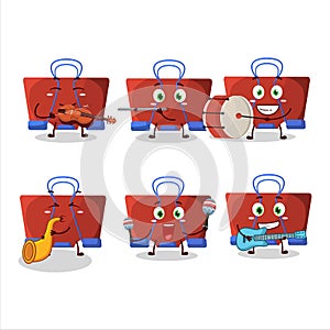 Cartoon character of red binder clip playing some musical instruments