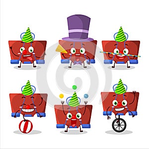 Cartoon character of red binder clip with various circus shows