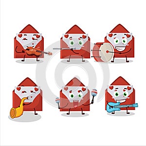 Cartoon character of red love envelope playing some musical instruments