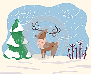 Cartoon Character, Reindeer Stand in Winter Forest