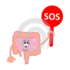 Cartoon character of sad and unhappy small and large intestines holding plate with word SOS. Small and large intestines  diseases.