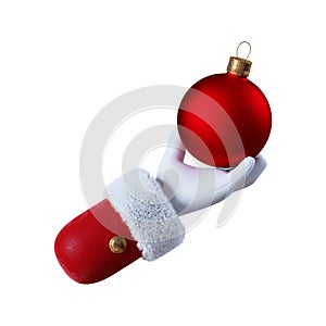 Cartoon character Santa Claus hand wolds red Christmas glass ball ornament. Holiday clip art isolated on white background. Social