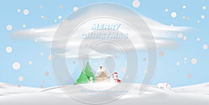 Cartoon character Santa Claus and house in the snow against a background of mountains and a Christmas tree. Vector for
