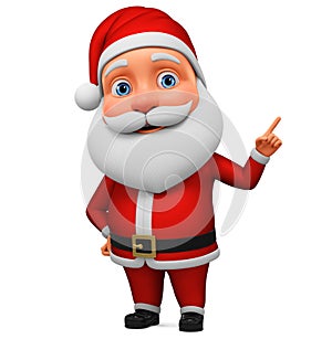 Cartoon character Santa Claus points a finger at the empty space on a white background. 3d rendering. Illustration for advertising