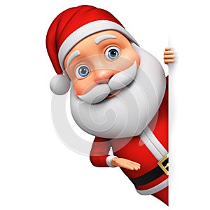 Cartoon character Santa Claus points hand at the empty board. 3d rendering. Illustration for advertising