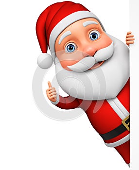 Cartoon character Santa Claus shows thumb up looking out from behind a blank board. 3d rendering. Illustration for advertising