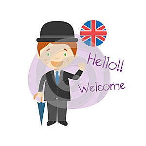 Cartoon character saying hello and welcome in English