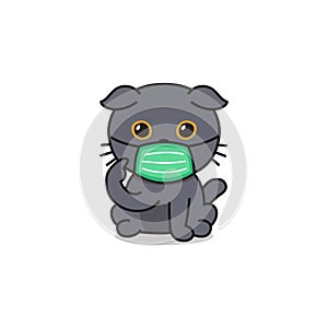 Cartoon character scottish fold cat wearing protective face mask