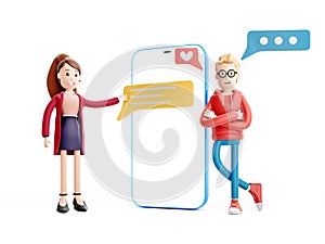 Cartoon character is sending a message from phone. Phone chat between two people. Application development and social