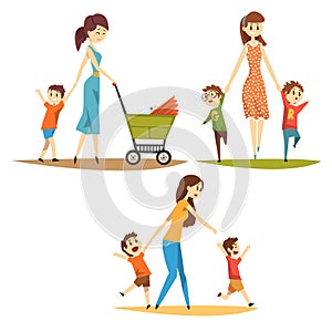 Cartoon character set of young mothers with kids. Pretty woman with newborn in baby carriage, preschool naughty boys