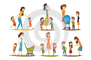 Cartoon character set of young mothers with kids. Pretty woman with newborn in baby carriage, preschool naughty boys