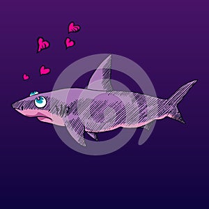 Cartoon character of shark with hearts shape bubbles, hand drawn doodle sketch, vector illustration