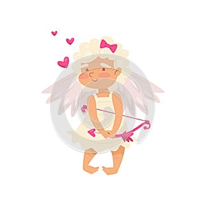 Cartoon character of shy little angel. Cupid with white wings. Baby girl with pink bow and arrows. Flat vector icon