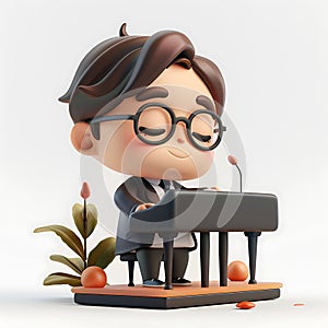 Cartoon character is sitting at piano, playing keys with skill and concentration.