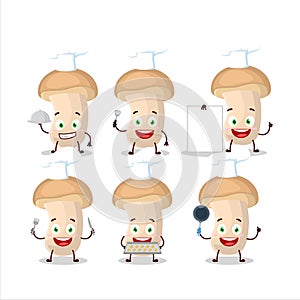 Cartoon character of slice enokitake with various chef emoticons