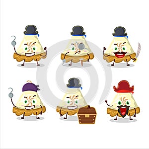 Cartoon character of slice of lemon meringue pie with various pirates emoticons