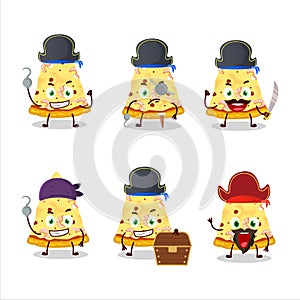 Cartoon character of slice of marinara pizza with various pirates emoticons