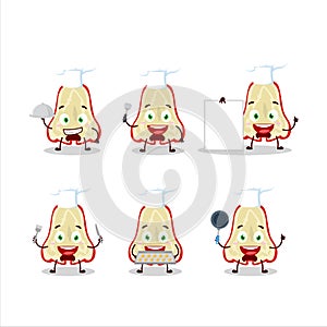 Cartoon character of slice of watter apple, with various chef emoticons