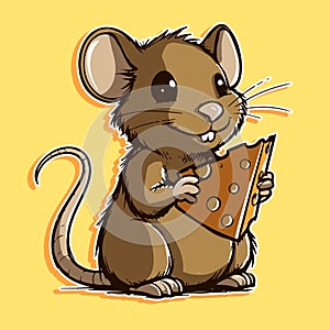 Cartoon character of a small mouse holding a big slice of cheese. Cute and adorable rat eating dairy products