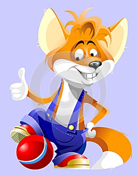 Cartoon character smiling fox with a ball