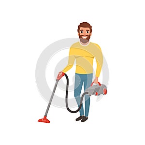 Cartoon character of smiling man with vacuum cleaner. House husband cleaning floor. Young bearded guy in gray yellow